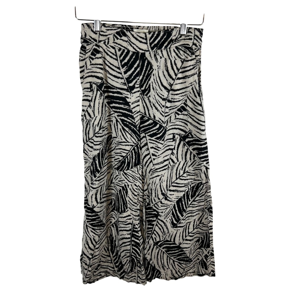 Cynthia Rowley 100% Linen Wide Leg Pant Black Cream Tropical Leaf Print Women XS